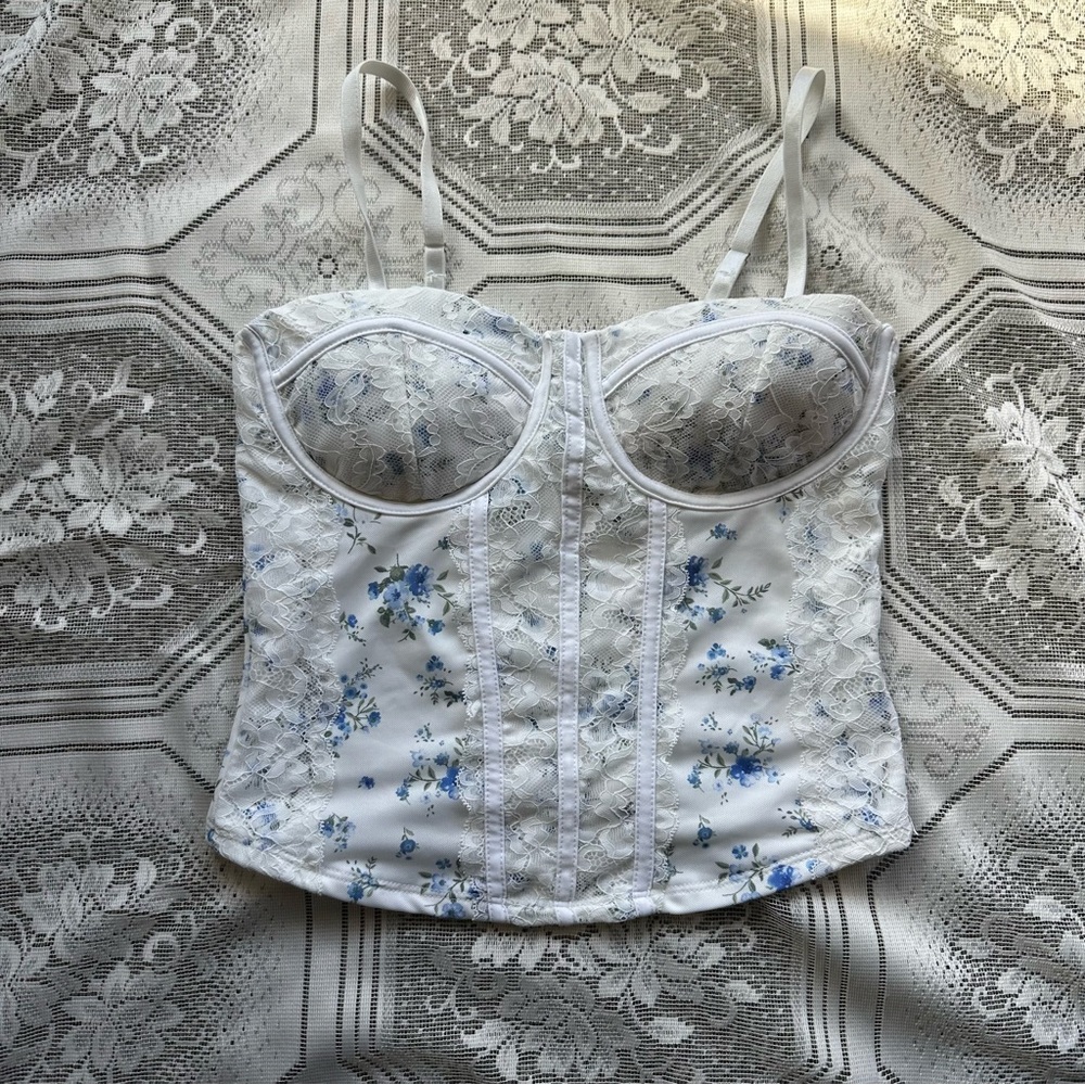 Madden Girl White Lace Bustier with Blue Floral Accents